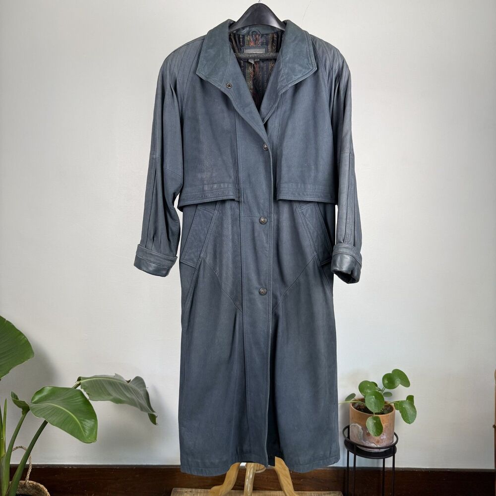 Vintage Genuine Leather Trench Coat, Slate-Gray-Blue - Picture 11 of 16